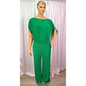 IMAN Green Wide Leg Jumpsuit XL Slit Sleeve Stretch Knit Draped Waist NWT